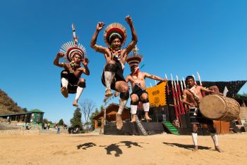 Zeliang Naga Tribesmen of Nagaland, India rehearsing their traditional dance during Hornbill Festival on 10th Dec 2014.
